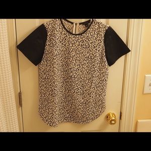 Loft black & white shirt-sleeved blouse with faux leather sleeves